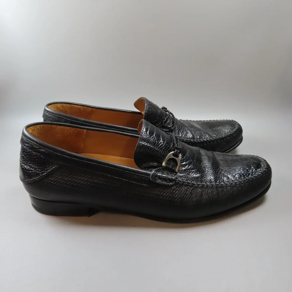 Mezlan Vesta Ostrich Leg and‎ Woven Calfskin Moc Toe Bit Strap Loafers Black 10